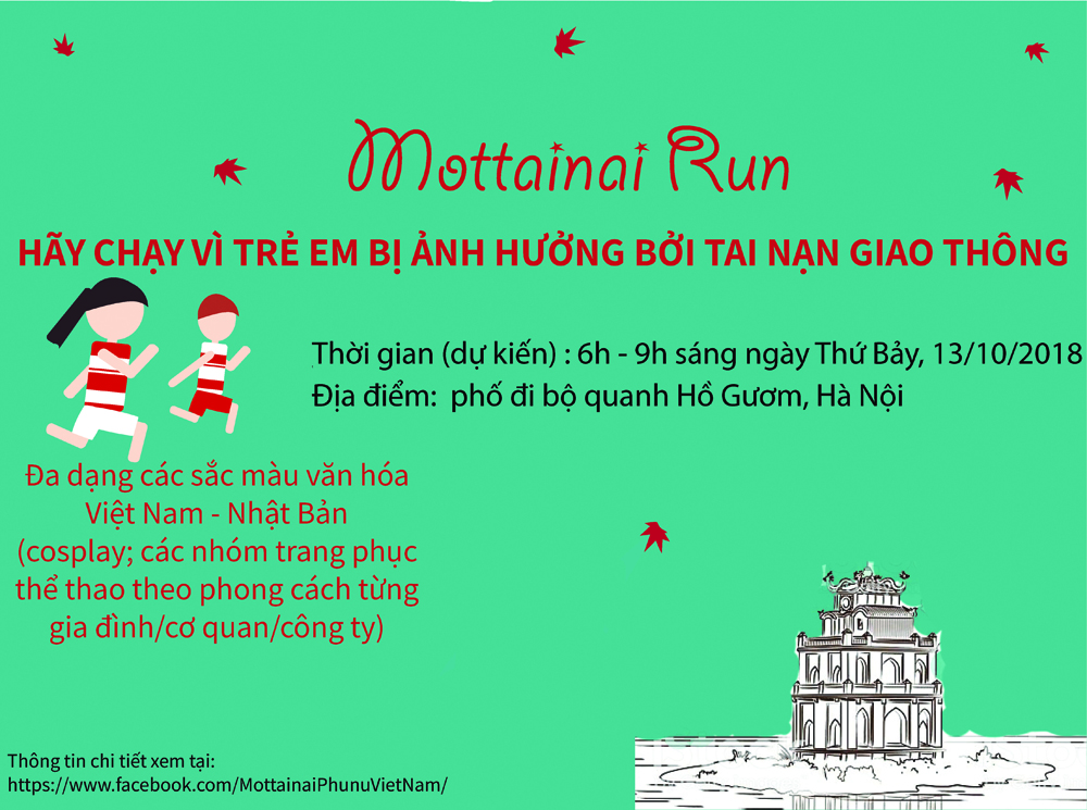 Những người tham gia chạy Mottainai Run trong Ngày hội Mottainai 2018 vào sáng 13/8/2018 do Báo PNVN tổ chức tại phố đi bộ quanh Hồ Hoàn Kiếm (Hà Nội) sẽ được mua bảo hiểm 100%. Liên hệ hotline 0946.915.533 để biết thông tin chi tiết. 