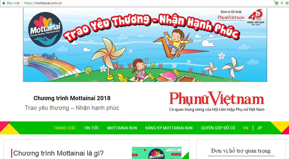 Giao diện trang chủ website của Chương trình Mottanai. 