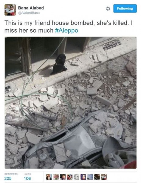 Cô bé Alabed cũng đăng ảnh của một tòa nhà đổ nát và chú thích: 