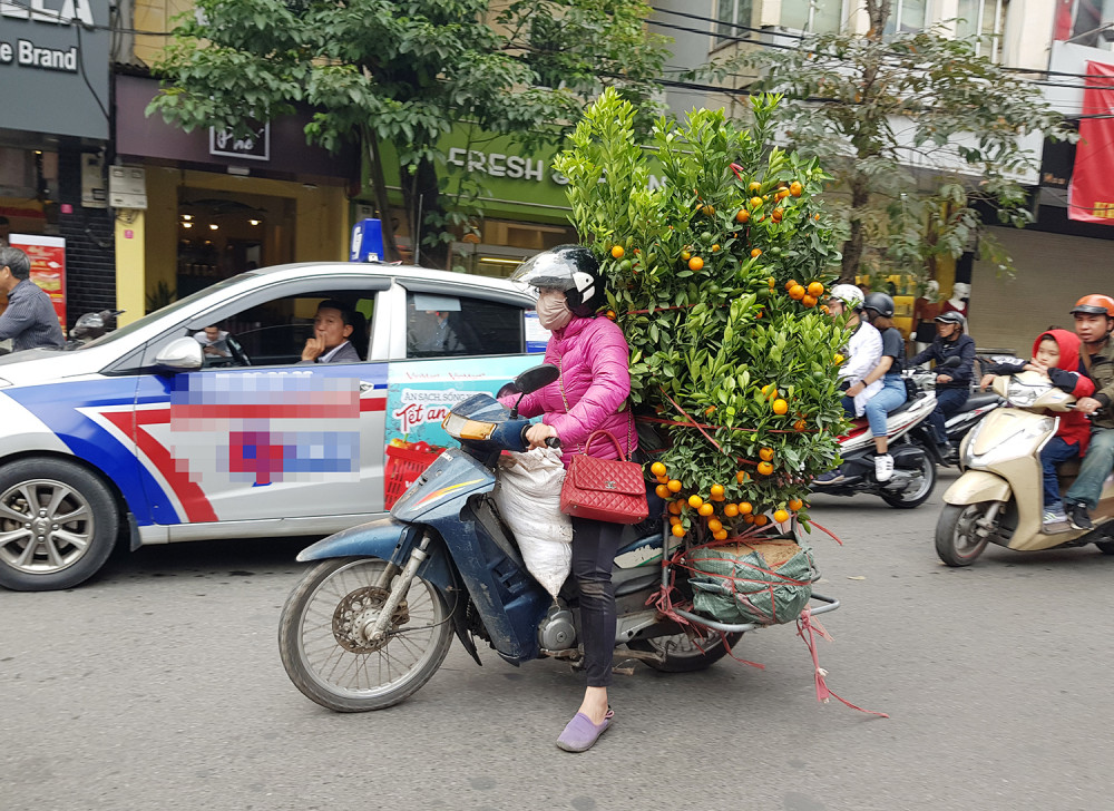 Cuối chiều 29 Tết, những chậu quất vẫn được người bán hối hả chở đến chợ