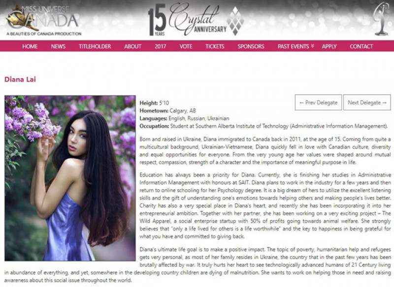 Trang web chính thức của Miss Universe Canada 2017 đã công bố thông tin về cô gái gốc Việt - Diana Lai.