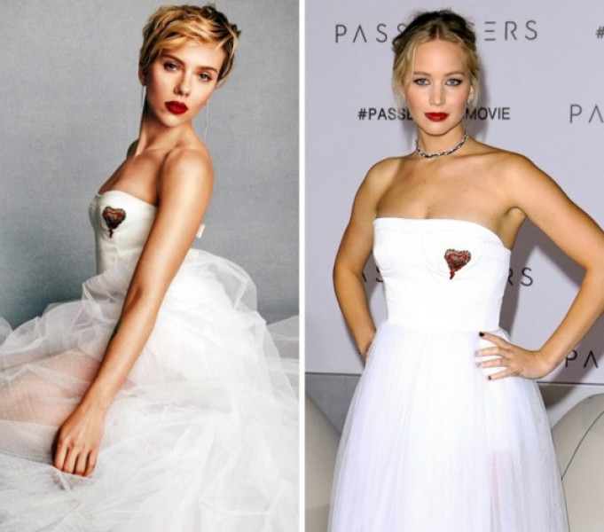 Scarlett Johansson và Jennifer Lawrence cũng không ngoại lệ. Cả hai cùng ưa chuộng chiếc đầm tông trắng cúp ngực dễ thương, thiết kế với chất liệu voan mềm mại, tôn vẻ nữ tính, gợi cảm cho hai người đẹp.