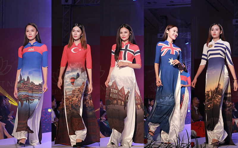 Trong chương trình “Vẻ đẹp Việt Nam 3”, chiếc áo dài mang dáng hình tổ quốc mà Hoa khôi Nam Em khoác lên mình được trình diễn cùng với 55 thiết kế áo dài mang hình ảnh quốc kỳ của 55 nước bạn khác. 
