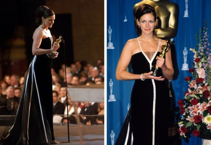 Julia Roberts, 2001. Julia Roberts đã trở thành chủ nhân của một bức tượng Oscar năm 2001 cho vai diễn trong Erin Brockovich. Bộ váy nhung  cổ điển của Valentino được các nhà phê bình thời trang và người xem đánh giá cao.