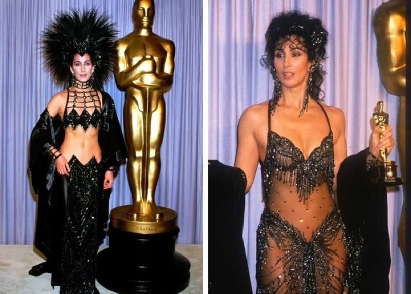 Cher, 1986 và 1988. Các bộ trang phục của Cher cũng xa hoa như chính cô. Cả hai bộ trang phục này đều trở thành huyền thoại, nhưng bộ váy năm 1988 đem lại may mắn bởi cô đã giành giải Nữ diễn viên xuất sắc nhất.