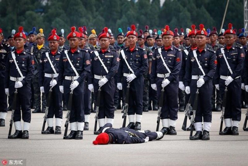 Một sĩ quan cảnh sát gục ngã xuống đất vì say nắng trong hoạt động chúc mừng ngày lễ kỷ niệm tại sườn Gillen, Malaysia, ngày 25/3/2016, trong khi những người khác vẫn giữ nguyên đội hình và tiến hành nghi thức bình thường.