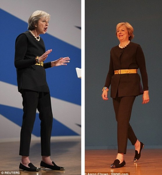 Mới đây, nữ thủ tướng sành điệu đã chứng tỏ đẳng cấp thời trang của mình bằng đôi giày da lộn mũi bọc kim loại khi xuất hiện tại hội nghị của Đảng Bảo thủ vừa qua. Đôi giày được thiết kế bởi nhà mốt Russell & Bromley có giá 215 Bảng Anh (khoảng 6,4 triệu VND). Đây là thương hiệu bà đặc biệt yêu thích, đồng thời cũng là thương hiệu ‘ruột’ của Kate - nữ công tước xứ Cambridge.