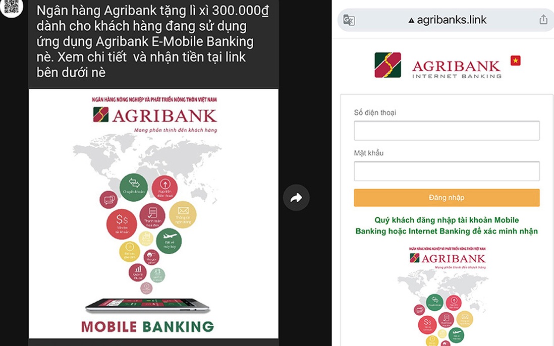 Agribank cảnh báo các hình thức lừa đảo gửi tin nhắn 'lì xì đầu năm"