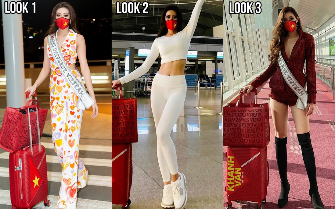 Khánh Vân liên tục thay trang phục trên đường bay đến Mỹ thi Hoa hậu Hoàn vũ