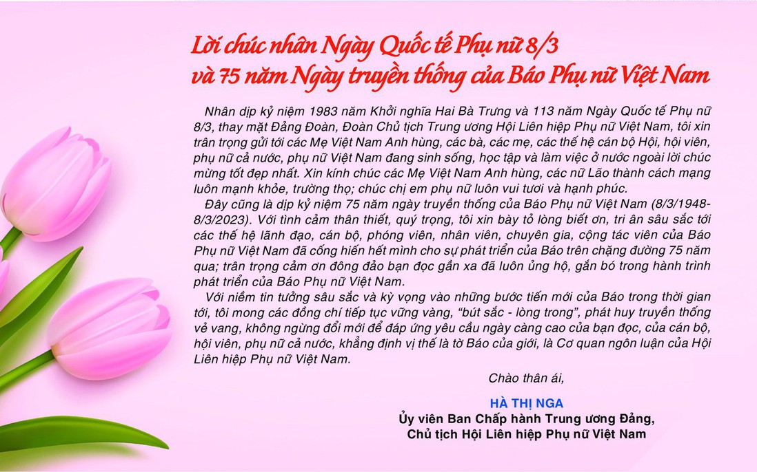 Lời chúc nhân Ngày Quốc tế Phụ nữ 8/3 và 75 năm Ngày truyền thống của Báo Phụ nữ Việt Nam