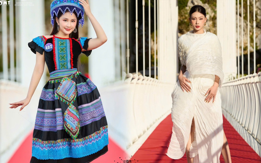 Ứng viên Hoa hậu Du lịch Dân tộc Việt Nam trình diễn thời trang trên cầu kính