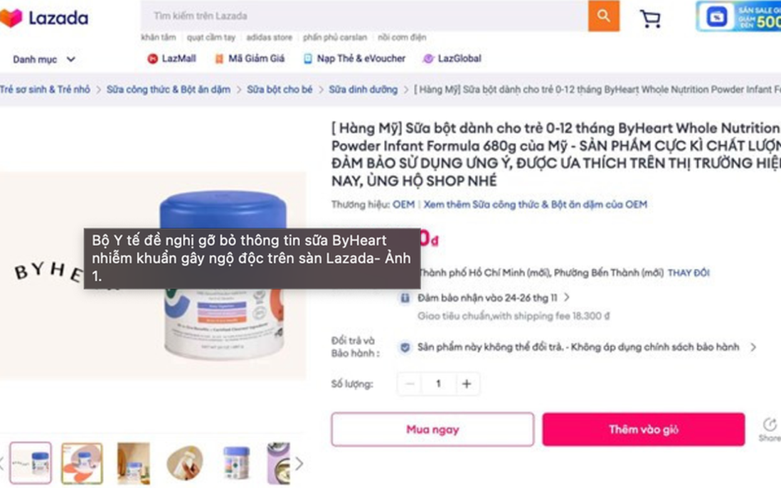 Bộ Y tế đề nghị gỡ bỏ thông tin sữa ByHeart gây ngộ độc trên sàn thương mại điện tử