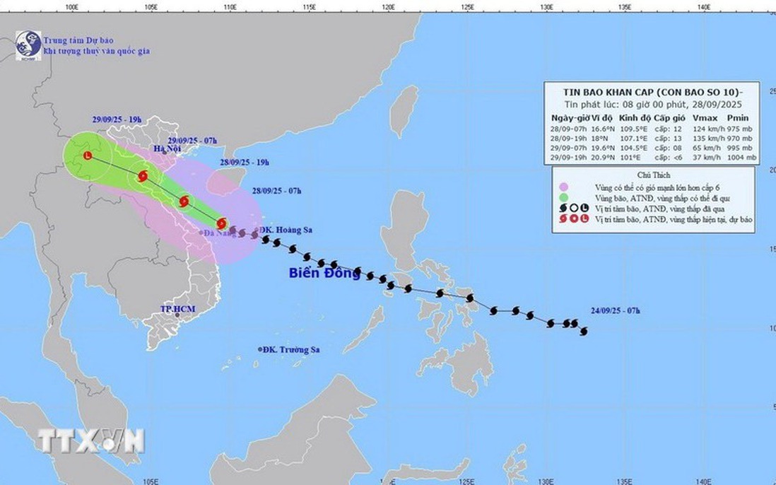 Dự báo 19 giờ ngày 28/9, bão trên vùng biển Nghệ An -Quảng Trị