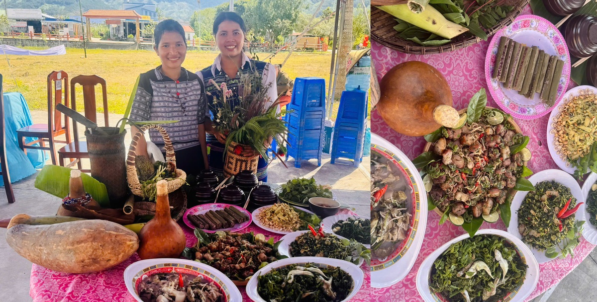 Phụ nữ M'nông làm các món ăn truyền thống như: cháo chua; thịt nướng trộn rau rừng; cá suối rừng.... trong cuộc thi ẩm thực sau Lễ cúng bến nước. Ảnh: Hồ Lam