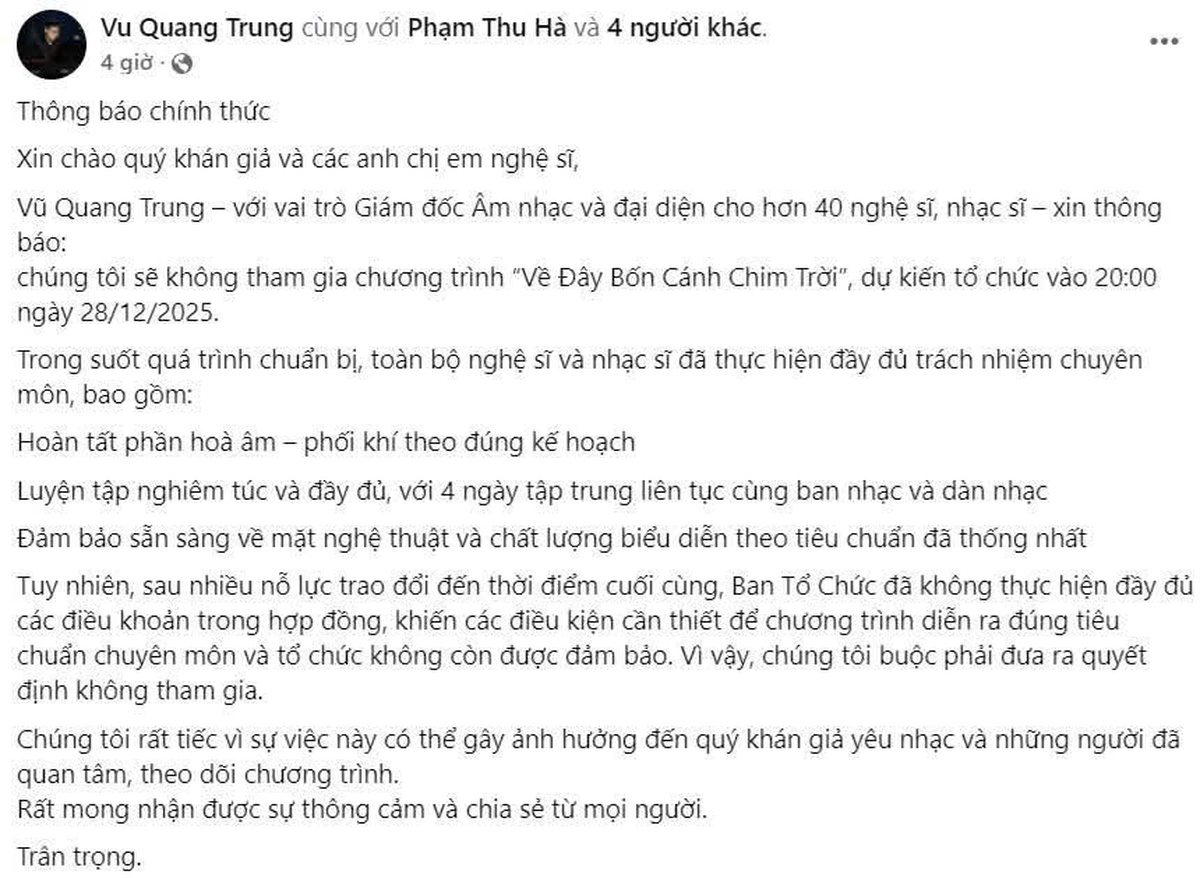 Đêm diễn "Về đây bốn cánh chim trời" bị hủy: Trách nhiệm nghệ sĩ ở đâu?- Ảnh 5.