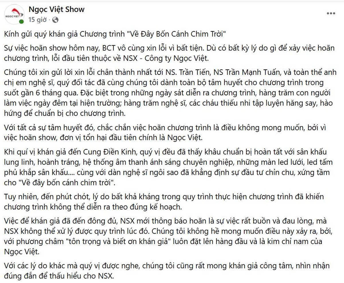 Đêm diễn "Về đây bốn cánh chim trời" bị hủy: Trách nhiệm nghệ sĩ ở đâu?- Ảnh 1.