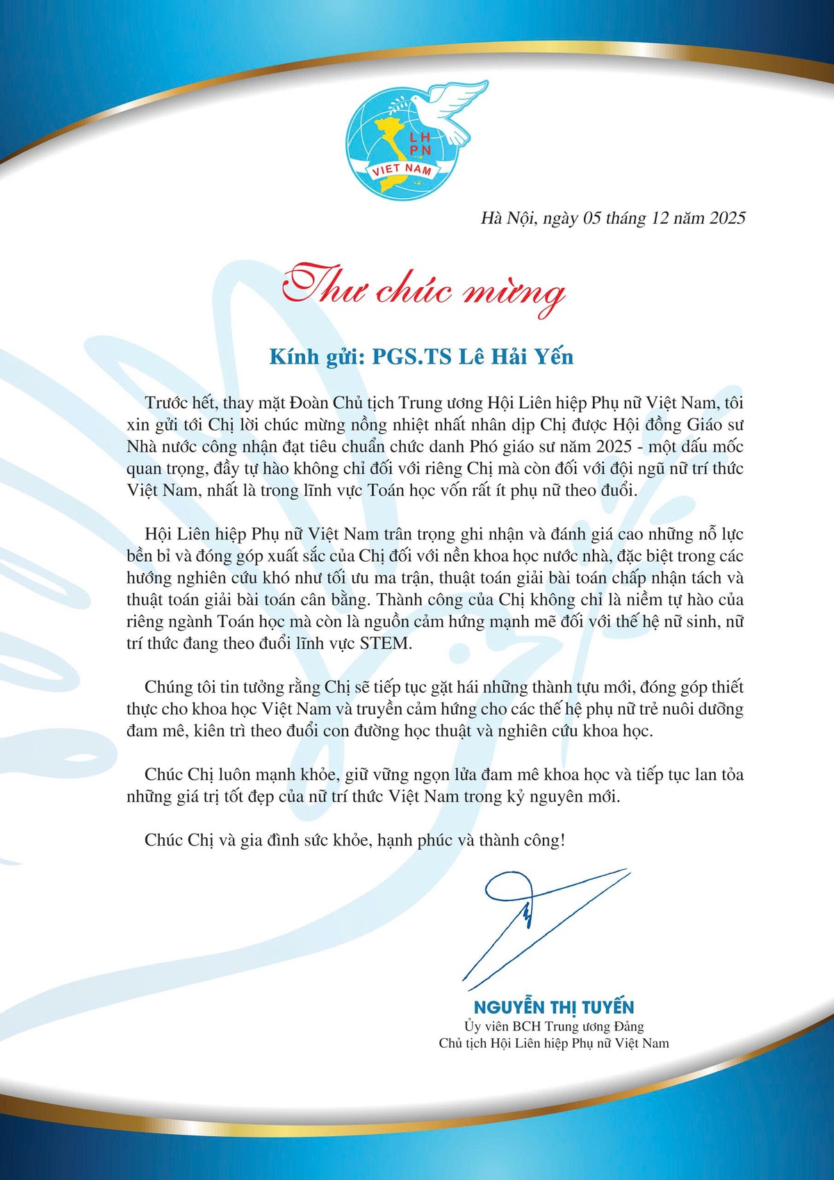 Chủ tịch Hội LHPN Việt Nam gửi Thư chúc mừng nữ Phó giáo sư trẻ nhất Việt Nam ngành Toán 2025- Ảnh 1.