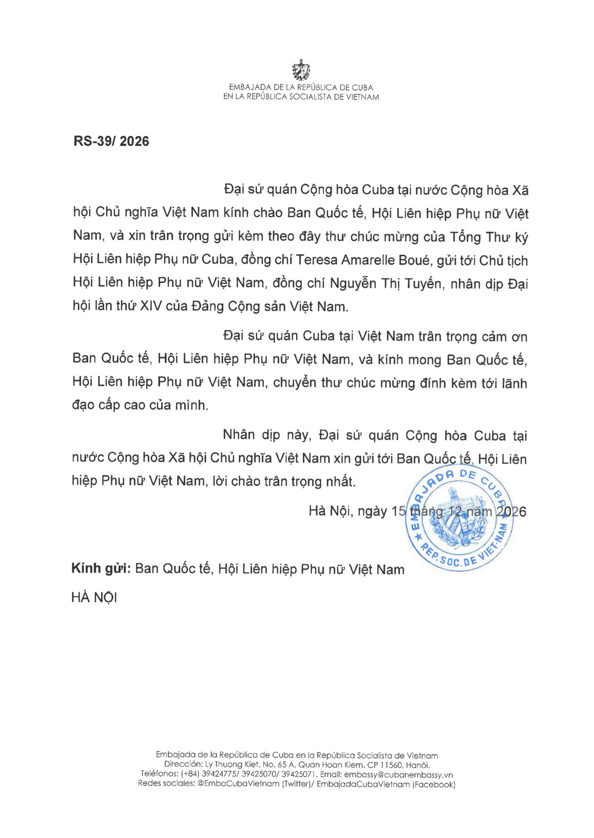 Thư chúc mừng Đại hội Đảng XIV của các cơ quan, tổ chức phụ nữ quốc tế- Ảnh 8.