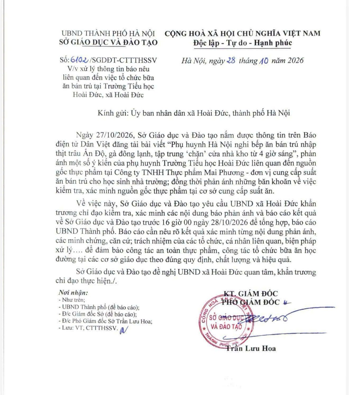 Sở GD-ĐT Hà Nội yêu cầu xác minh thông tin về bữa ăn bán trú tại Trường Tiểu học Hoài Đức - Ảnh 1.