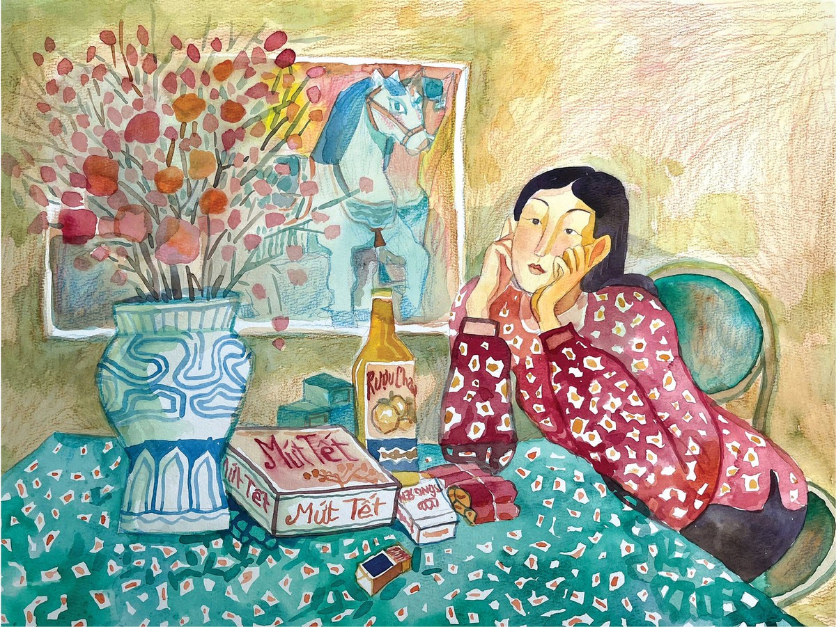 Minh họa của Kim Duẩn cho tác phẩm “Một cái Tết tạm" trong ký ức” của Nguyễn Ngọc Tiến, in trong "Sách Tết Bính Ngọ 2026"