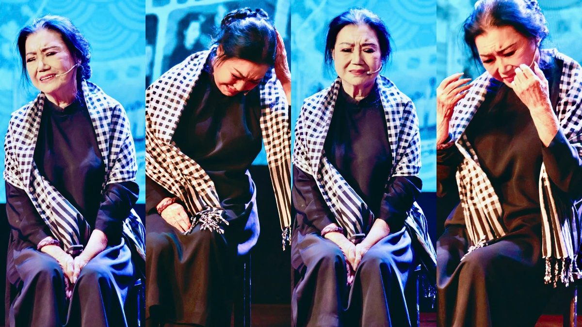 NSND Kim Cương lấy nước mắt khán giả với vai Diệu, một người mẹ nghèo, giàu tình yêu thương, tảo tần nuôi con trai thành bác sĩ trong vở Lá sầu riêng. Đây là một trong những vở diễn kinh điển của sân khấu miền Nam, góp phần làm nên tên tuổi của bà. Ảnh: Hồ Lam