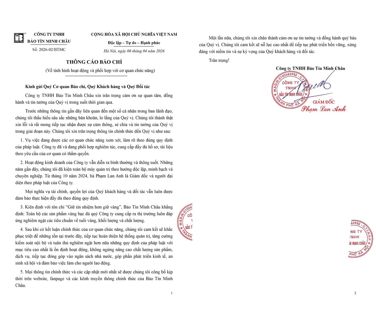 Bảo Tín Minh Châu lên tiếng sau khi ông chủ và con trai bị khởi tố- Ảnh 1.