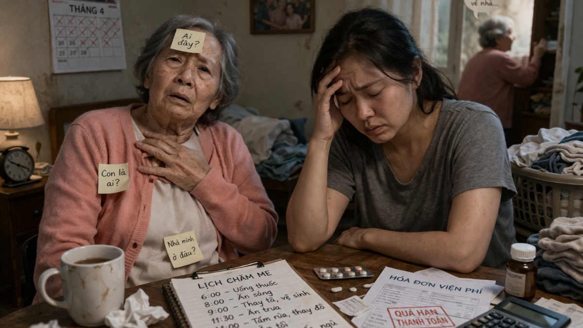 Người chăm sóc bệnh nhân sa sút trí tuệ thường phải đối mặt với "gánh nặng kép" cả về thể chất lẫn tinh thần - Ảnh minh họa được tạo bởi AI