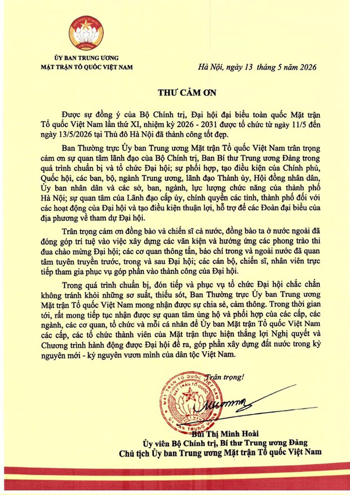 THƯ CẢM ƠN CỦA ỦY BAN TRUNG ƯƠNG MTTQ VIỆT NAM- Ảnh 1.