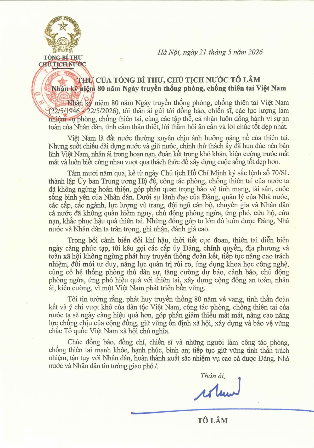 Thư của Tổng Bí thư, Chủ tịch nước Tô Lâm Thư của Tổng Bí thư, Chủ tịch nước Tô Lâm