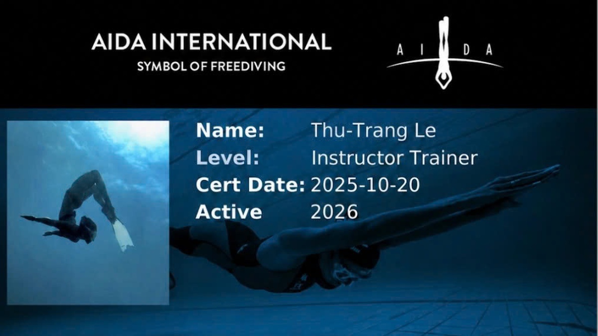 Người Việt Nam đầu tiên và duy nhất đạt chứng chỉ Chuyên gia đào tạo HLV lặn tự do và lặn tiên cá Người Việt Nam đầu tiên và duy nhất đạt chứng chỉ Chuyên gia đào tạo HLV lặn tự do và lặn tiên cá