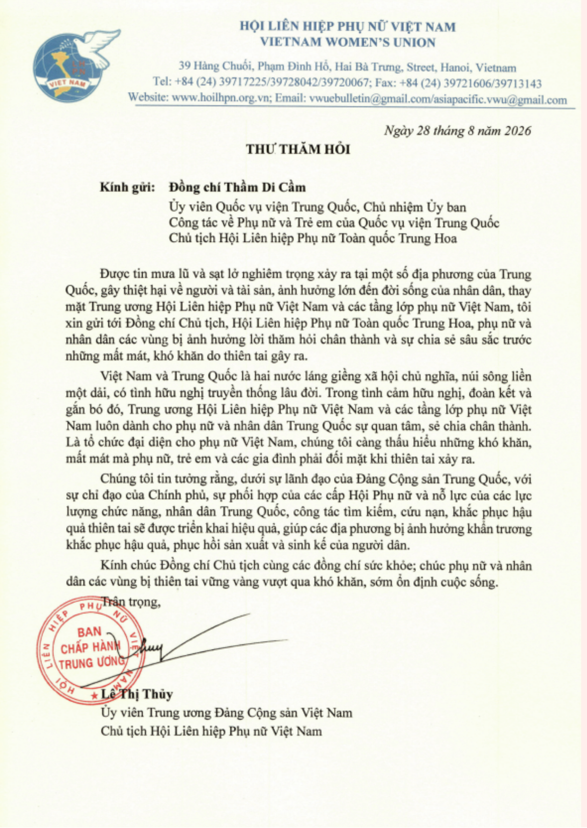 Chủ tịch Hội LHPN Việt Nam gửi thư thăm hỏi phụ nữ và nhân dân vùng bị ảnh hưởng lũ quét tại Trung Quốc - Ảnh 1.