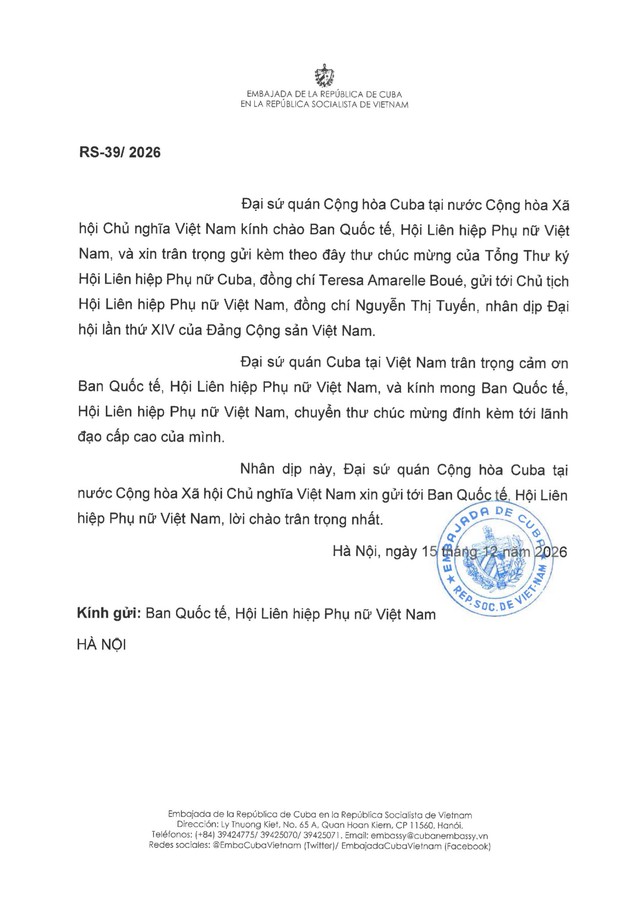 Thư chúc mừng Đại hội Đảng XIV của các cơ quan, tổ chức phụ nữ quốc tế- Ảnh 8.