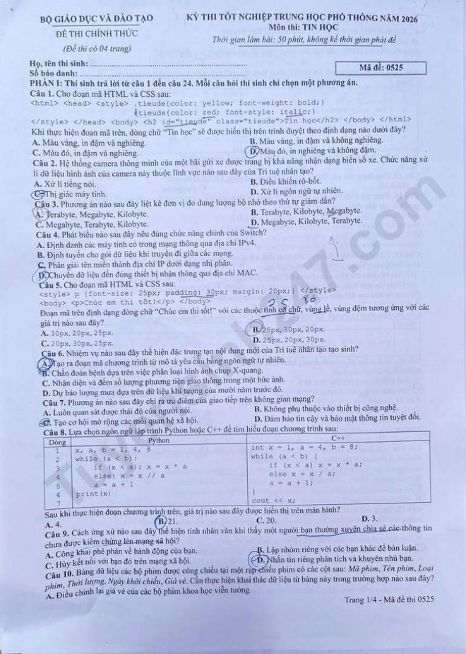 Kỳ thi tốt nghiệp THPT 2026: Nhận xét và gợi ý đáp án các môn tự chọn đầy đủ mã đề- Ảnh 24.