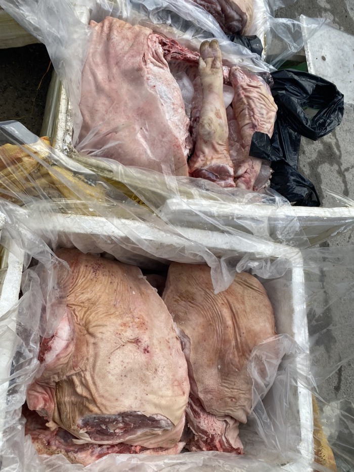 Tiêu hủy gần 300 kg thịt lợn đông lạnh không nguồn gốc xuất xứ, đang được trở đi tiêu thụ - Ảnh 1.