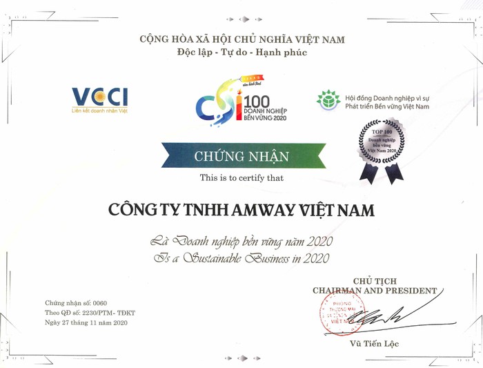 Amway Việt Nam lần thứ 5 đạt top 100 Doanh nghiệp phát triển bền vững hàng đầu 2020  - Ảnh 1.