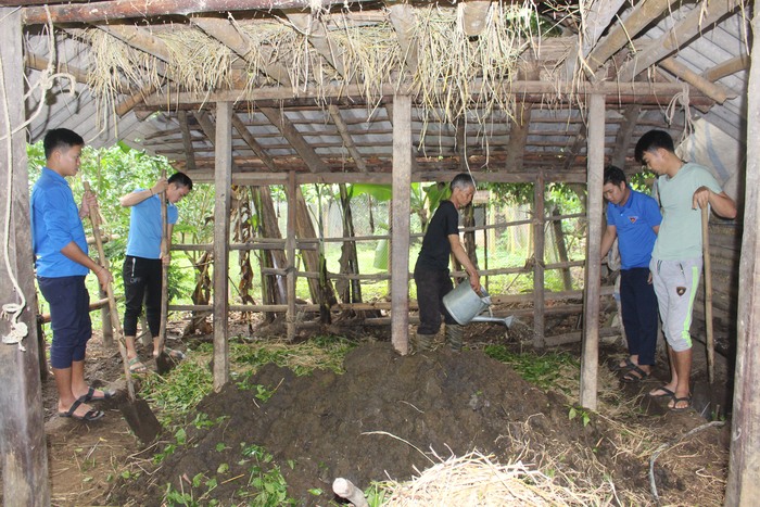 Đội bảo vệ môi trường xã Yên Khê hưỡng dẫn hộ ông Vi Văn Quý  ở bản Nưa xử lý phân vi sinh