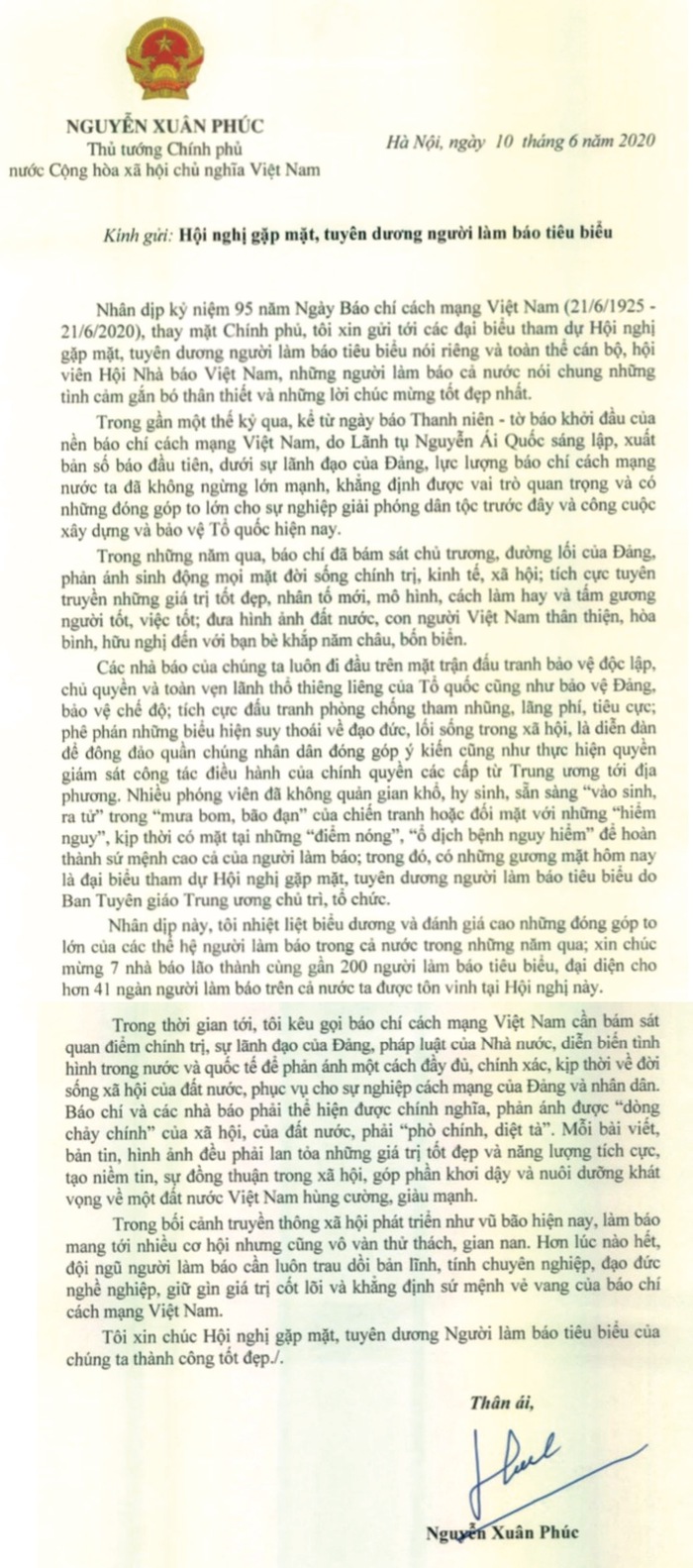 Thủ tướng gửi thư chúc mừng nhân Ngày Báo chí cách mạng Việt Nam - Ảnh 1.