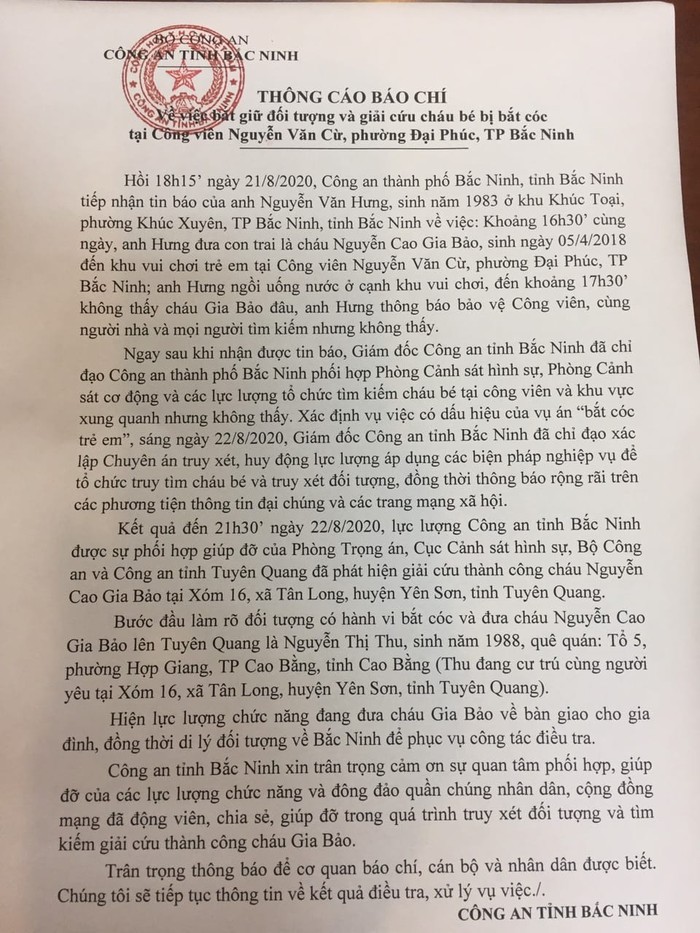 Giám đốc Công an tỉnh Bắc Ninh cảm ơn cộng đồng mạng trong vụ giải cứu bé trai 2 tuổi bị bắt cóc - Ảnh 1.