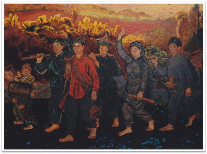 Du kích Bắc Sơn về bản Pình - tranh sơn mài của Nguyễn Văn Tỵ
