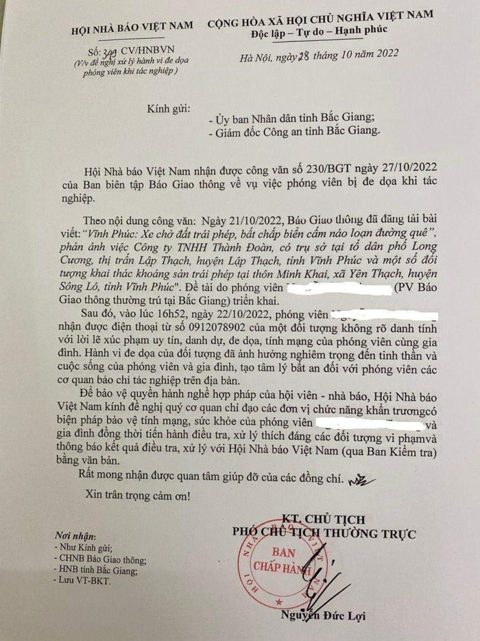 Vụ phóng viên Báo Giao thông bị đe dọa giết cả nhà: Hội Nhà báo Việt Nam đề nghị xử lý nghiêm - Ảnh 1.