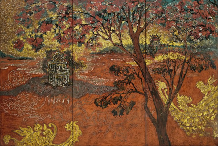 Tháp Rùa - Hồ Gươm, tranh sơn mài của họa sĩ Nam Anh