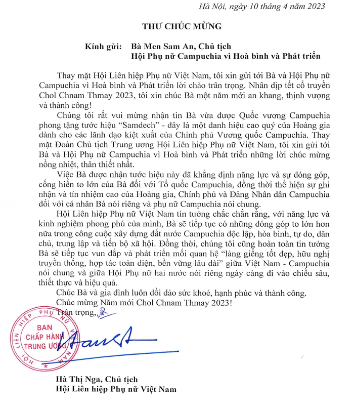 Chủ tịch Hội LHPN Việt Nam gửi thư chúc mừng Chủ tịch Hội Phụ nữ Campuchia vì Hòa bình và Phát triển - Ảnh 1.