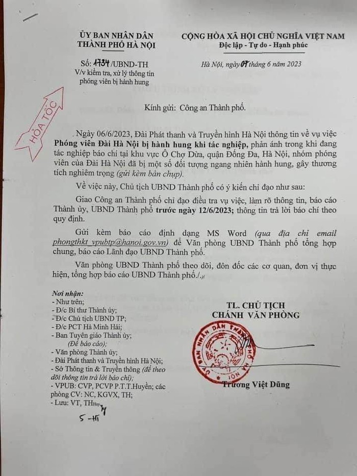 Văn bản UBND TP Hà Nội giao Công an TP Hà Nội chỉ đạo điều tra, làm rõ vụ phóng viên bị hành hung