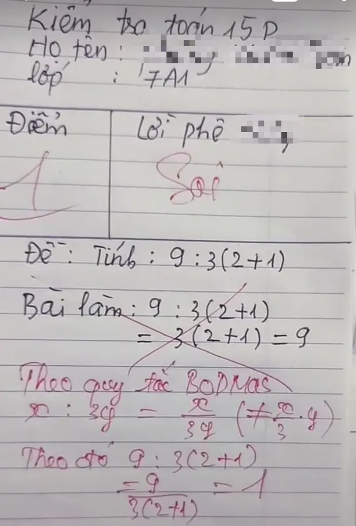 Bài Toán gây &quot;sóng gió&quot; nhất mxh hôm nay: 9 : 3(1+2) = 1 hay 9? - Ảnh 1.