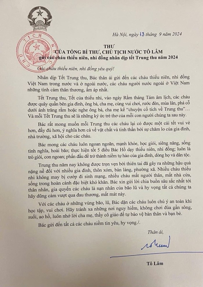 Tổng Bí thư, Chủ tịch nước Tô Lâm gửi thư chúc Tết Trung thu cho các cháu thiếu niên, nhi đồng- Ảnh 1.