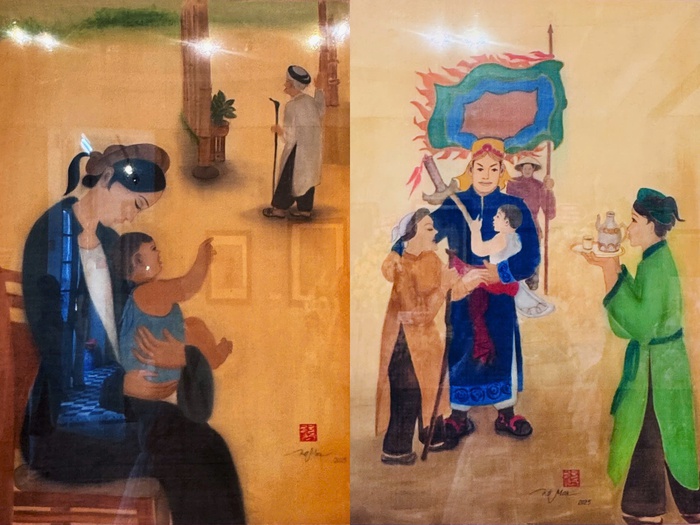 Tranh lụa "Nuôi mẹ dạy con" và "Giấc mộng đoàn viên". Ảnh: Hồ Lam chụp lại