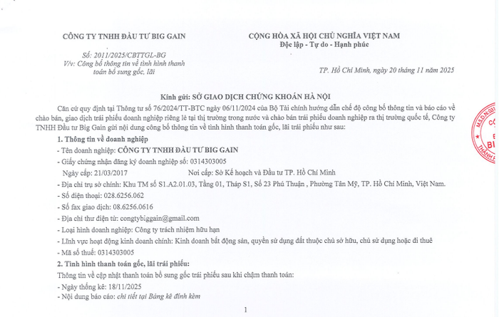 Bất động sản Big Gain chậm thanh toán trái phiếu- Ảnh 1.