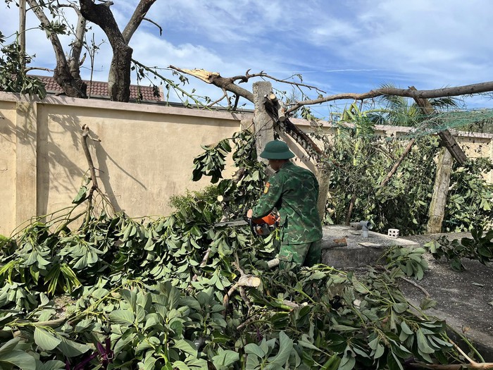 Cưa và dọn dẹp cây gãy, đổ. Ảnh: Hữu Thoại Cưa và dọn dẹp cây gãy, đổ. Ảnh: Hữu Thoại