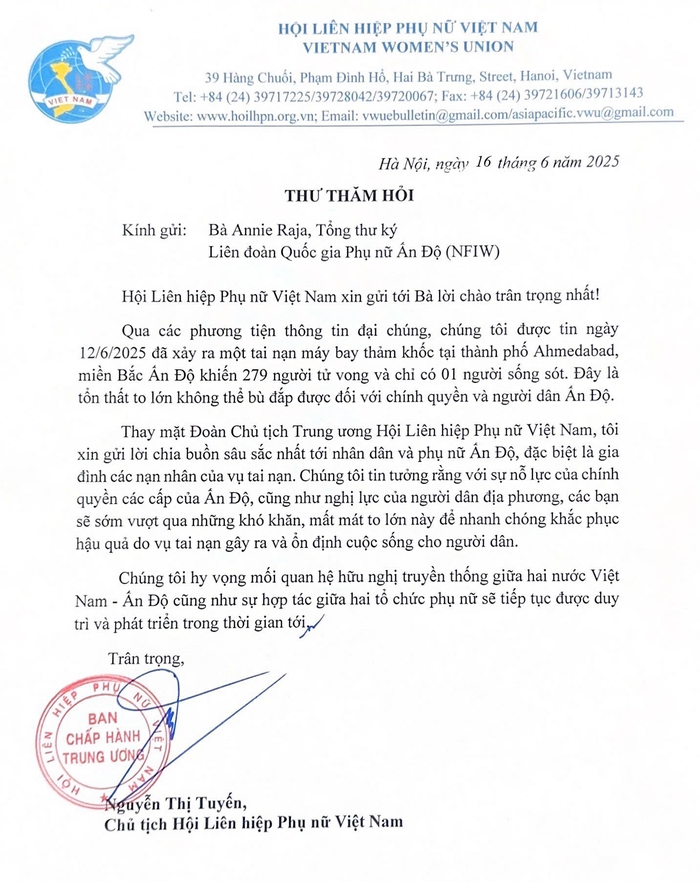 Chủ tịch Hội LHPN Việt Nam gửi thư tới Tổng thư ký Liên đoàn Quốc gia Phụ nữ Ấn Độ chia buồn sau vụ tai nạn máy bay- Ảnh 1. Chủ tịch Hội LHPN Việt Nam gửi thư tới Tổng thư ký Liên đoàn Quốc gia Phụ nữ Ấn Độ chia buồn sau vụ tai nạn máy bay- Ảnh 1.