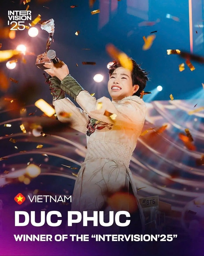 1 / 3  Ca sĩ Đức Phúc trở thành Quán quân Cuộc thi Âm nhạc Quốc tế Intervision 2025. Ảnh: FBNV